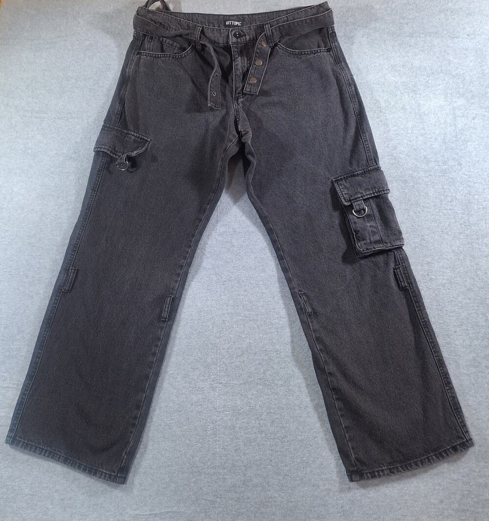 Hot Topic Denim Cargo Pants Men 36x30 Faded Black Skater Grunge D-Ring Y2K Baggy